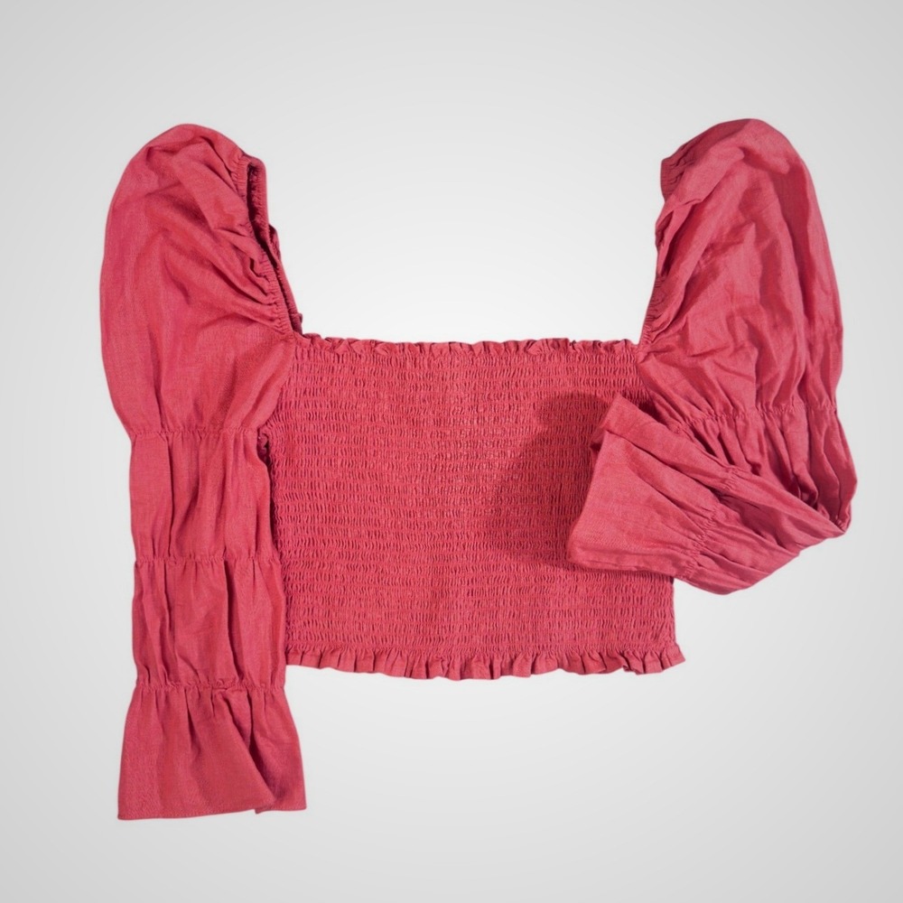 E.ssue Smocked Crop Top Red Orange Puff Sleeve Square Neck Cotton‎ Womens Medium